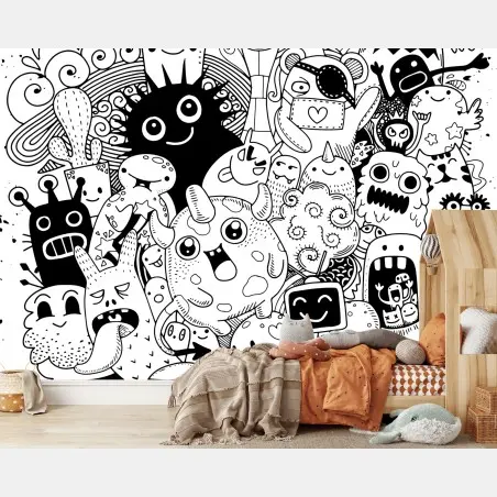 Papier peint rassemblement de monstres doodle en noir et blanc – Wallnifity®