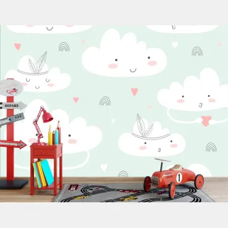 Papier peint nuages mignons et cœurs pastel pour chambre d'enfant – Wallnifity®
