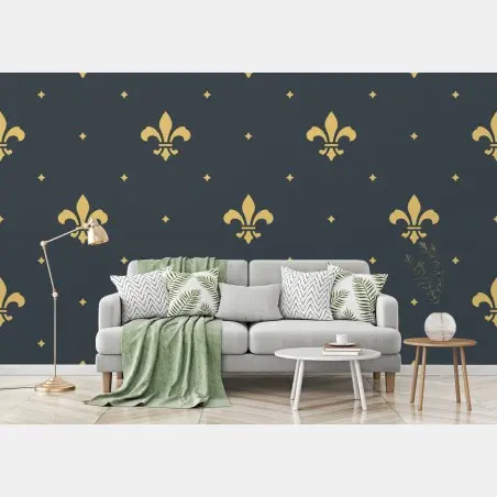 Papier peint motif fleur de lys doré sur fond bleu nuit – Wallnifity®