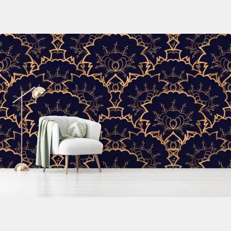 Papier peint motif floral art déco doré sur fond bleu marine – Wallnifity®
