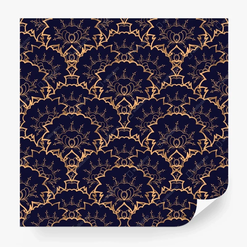 Papier peint motif floral art déco doré sur fond bleu marine – Wallnifity®