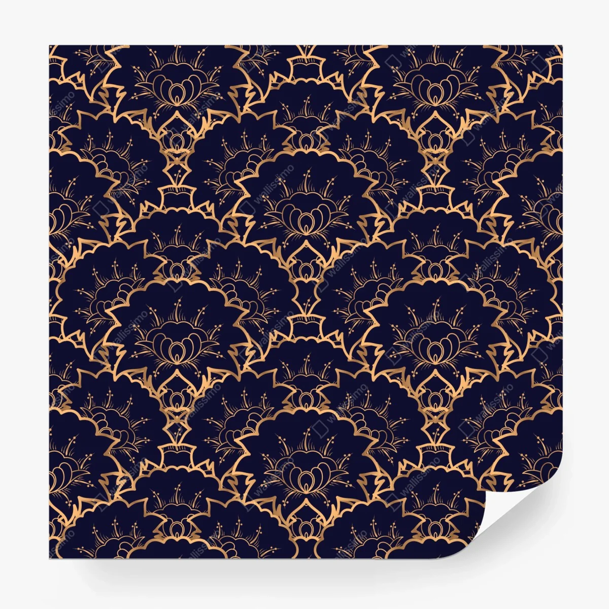 Papier peint motif floral art déco doré sur fond bleu marine – Wallnifity®