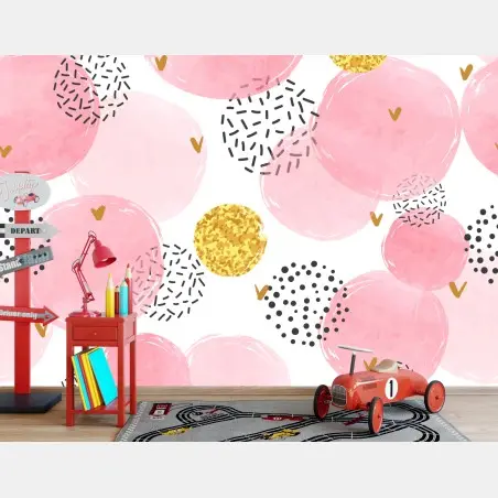 Papier peint motif bulles aquarelle rose avec accents dorés – Wallnifity®