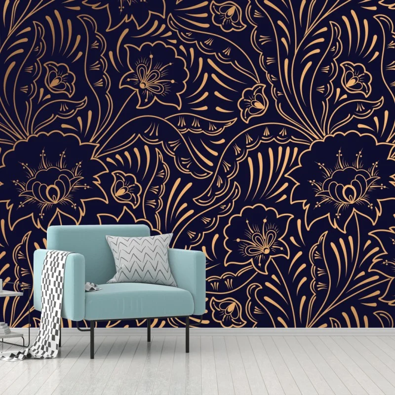 Papier peint motif floral art déco doré sur fond bleu nuit