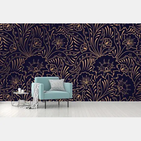 Papier peint motif floral art déco doré sur fond bleu nuit – Wallnifity®