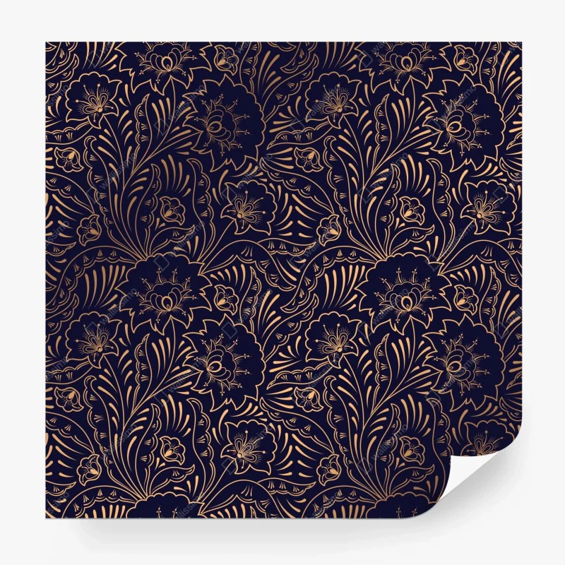 Papier peint motif floral art déco doré sur fond bleu nuit – Wallnifity® Papier peint motif floral art déco doré sur fond bleu nuit – Wallnifity®