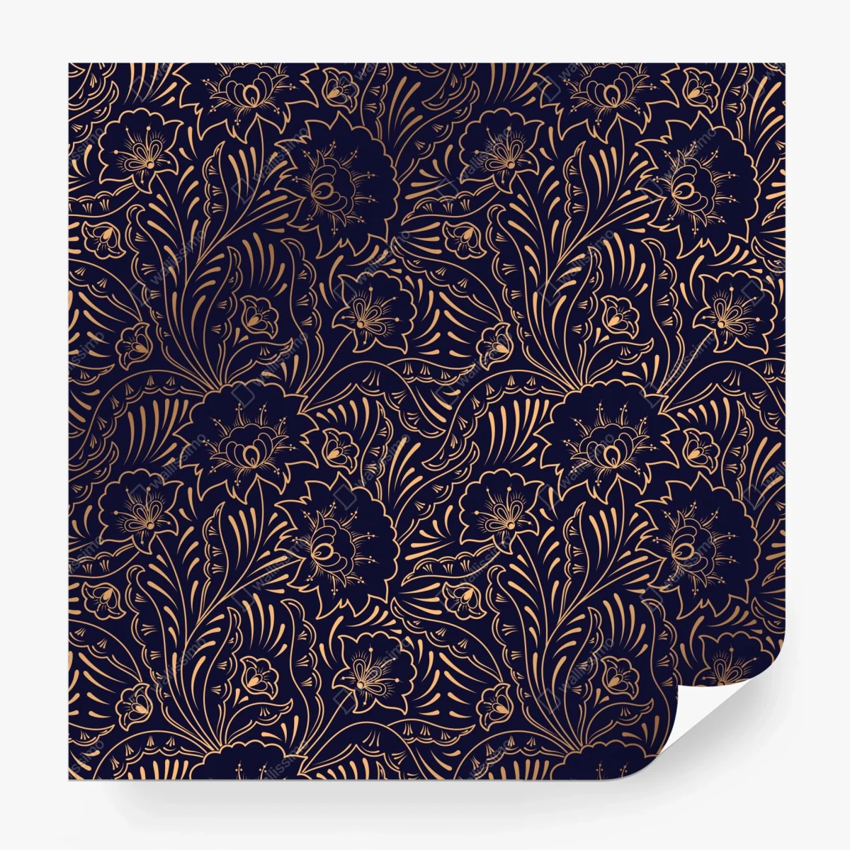 Papier peint motif floral art déco doré sur fond bleu nuit – Wallnifity® Papier peint motif floral art déco doré sur fond bleu nuit – Wallnifity®