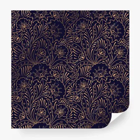 Papier peint motif floral art déco doré sur fond bleu nuit – Wallnifity®