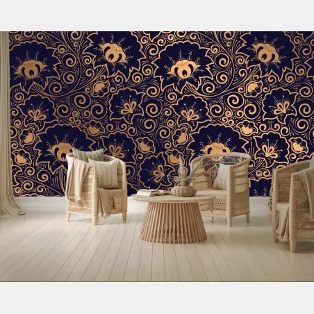 Papier peint motif floral baroque doré sur fond bleu marine – Wallnifity®