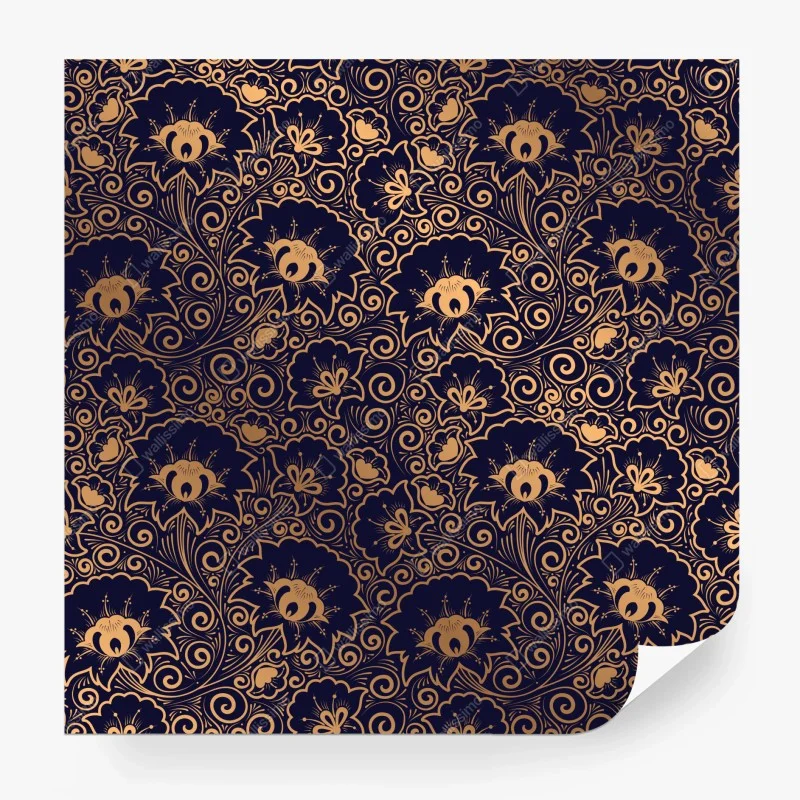 Papier peint motif floral baroque doré sur fond bleu marine – Wallnifity®