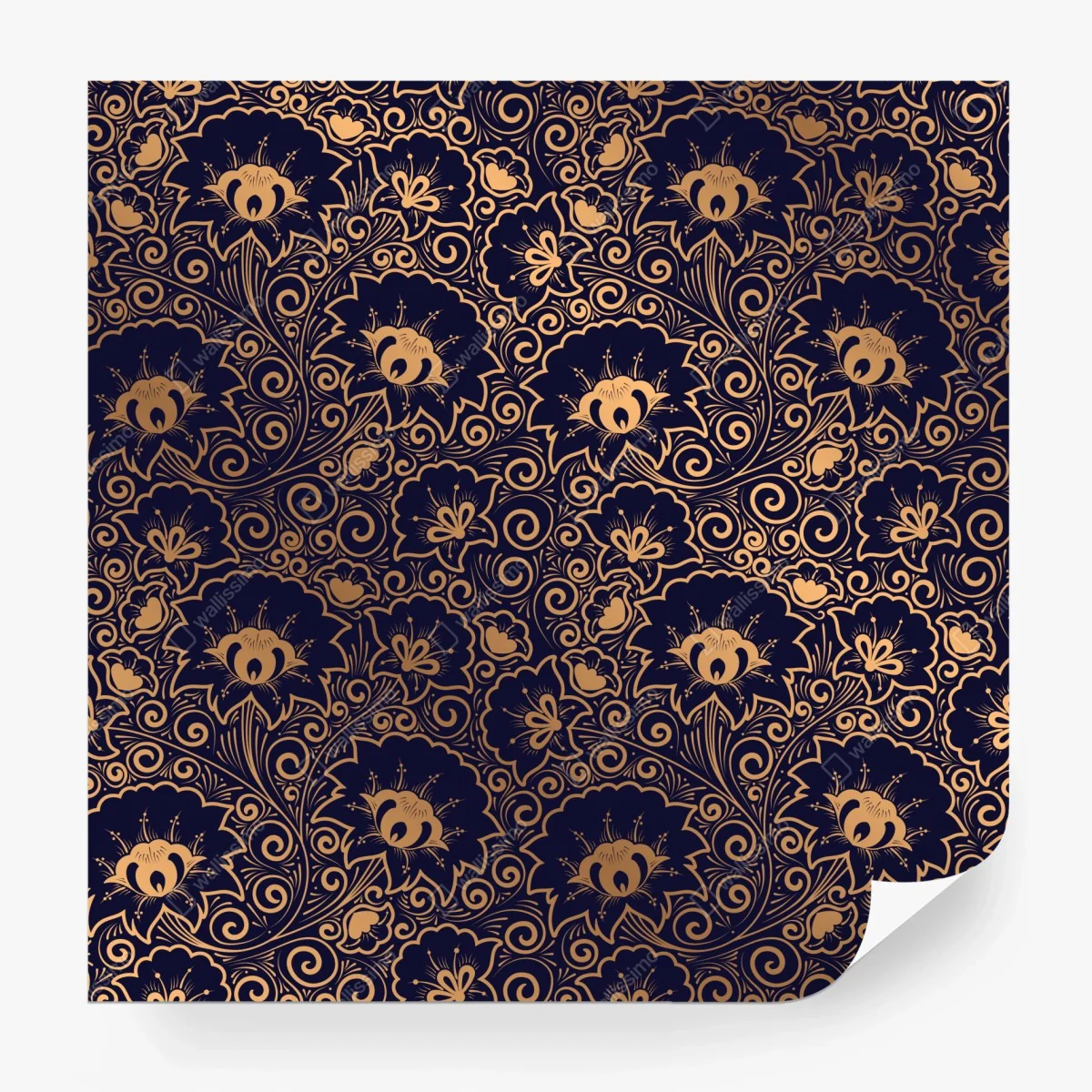 Papier peint motif floral baroque doré sur fond bleu marine – Wallnifity®