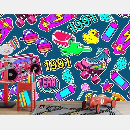 Papier peint motifs rétro années 90 colorés et ludiques – Wallnifity®