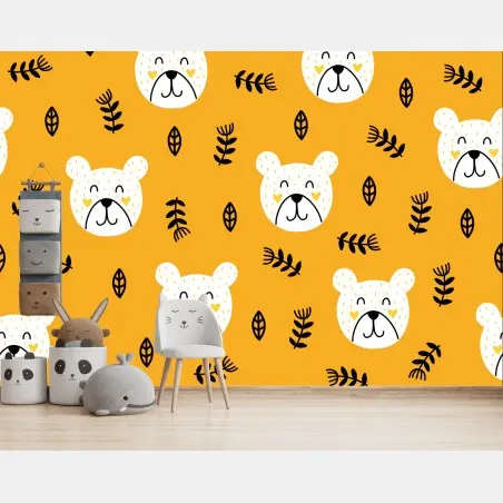Papier peint motif oursons joyeux sur fond moutarde – Wallnifity®
