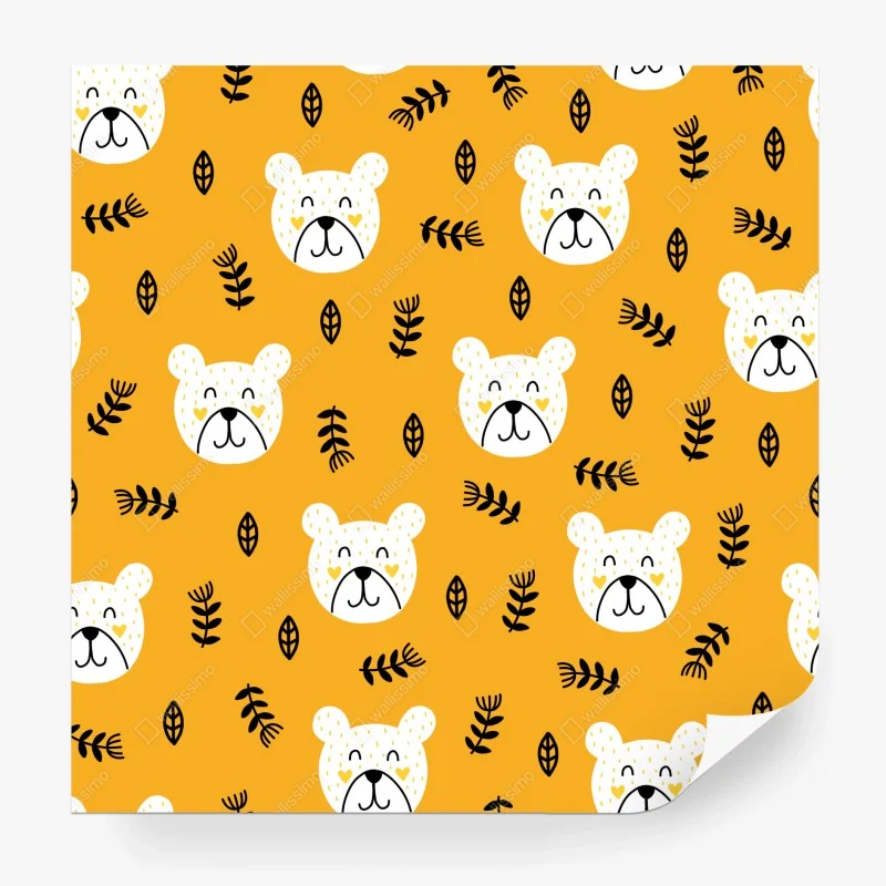 Papier peint motif oursons joyeux sur fond moutarde – Wallnifity®