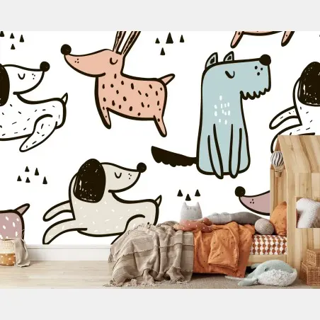 Papier peint motif de chiens mignons aux couleurs pastel – Wallnifity®