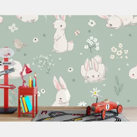 Papier peint motif de lapins pastel pour décoration murale enfantine – Wallnifity®