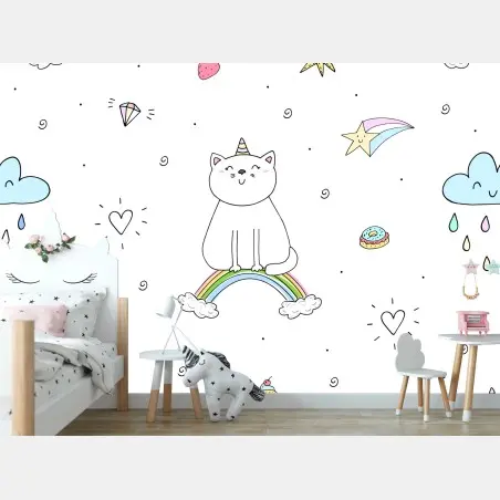 Papier peint motif chaton arc-en-ciel mignon pour chambre d'enfant – Wallnifity®