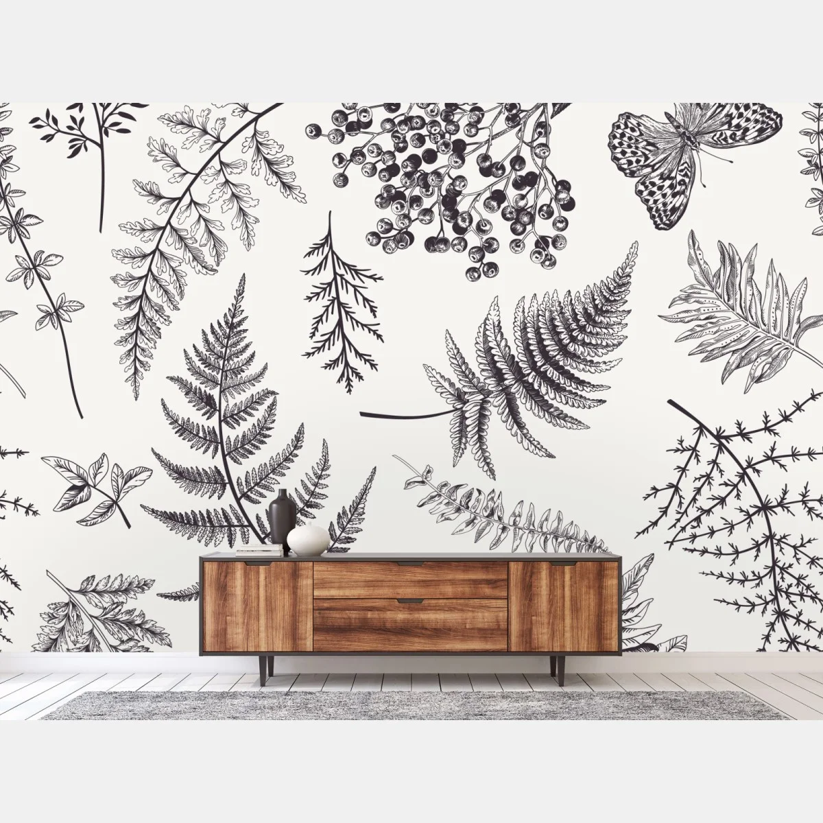 Papier peint motif botanique délicat en noir et blanc – Wallnifity® Papier peint motif botanique délicat en noir et blanc – Wallnifity®