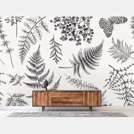 Papier peint motif botanique délicat en noir et blanc – Wallnifity®
