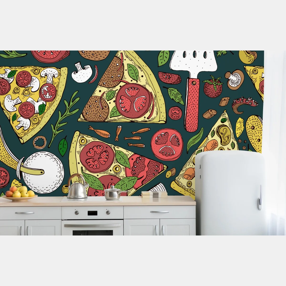 Papier peint motif pizzas et ingrédients dessiné à la main – Wallnifity® Papier peint motif pizzas et ingrédients dessiné à la main – Wallnifity®