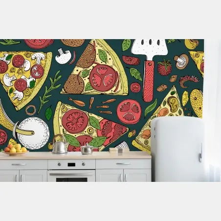 Papier peint motif pizzas et ingrédients dessiné à la main – Wallnifity®
