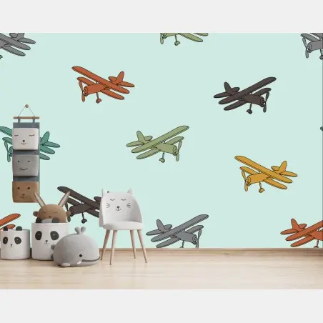 Papier peint motif biplans colorés sur fond pastel – Wallnifity®