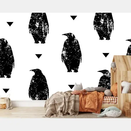Papier peint motif manchots graphiques noir et blanc – Wallnifity®
