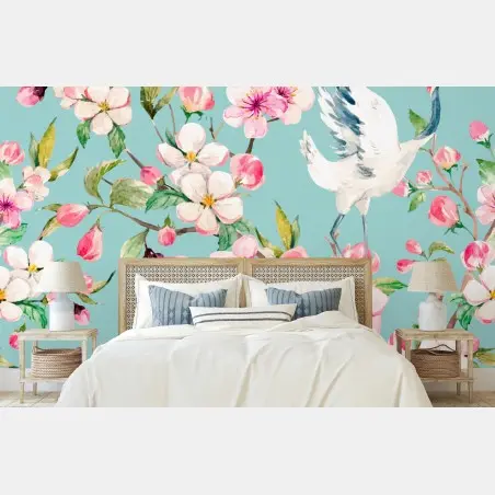 Papier peint motif floral et grues en aquarelle sur fond turquoise – Wallnifity®