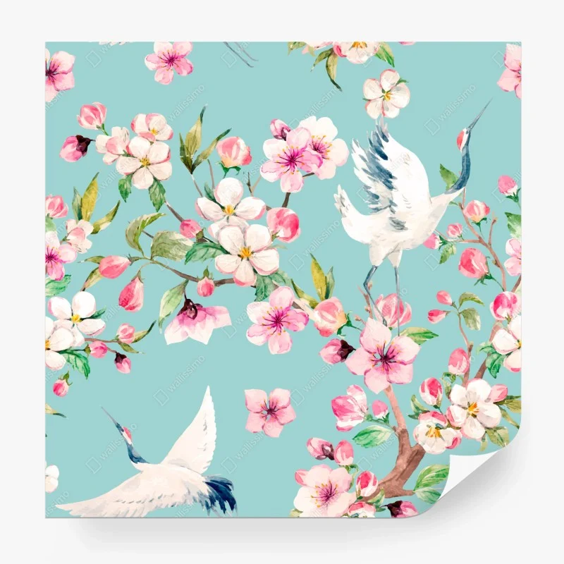 Papier peint motif floral et grues en aquarelle sur fond turquoise – Wallnifity®