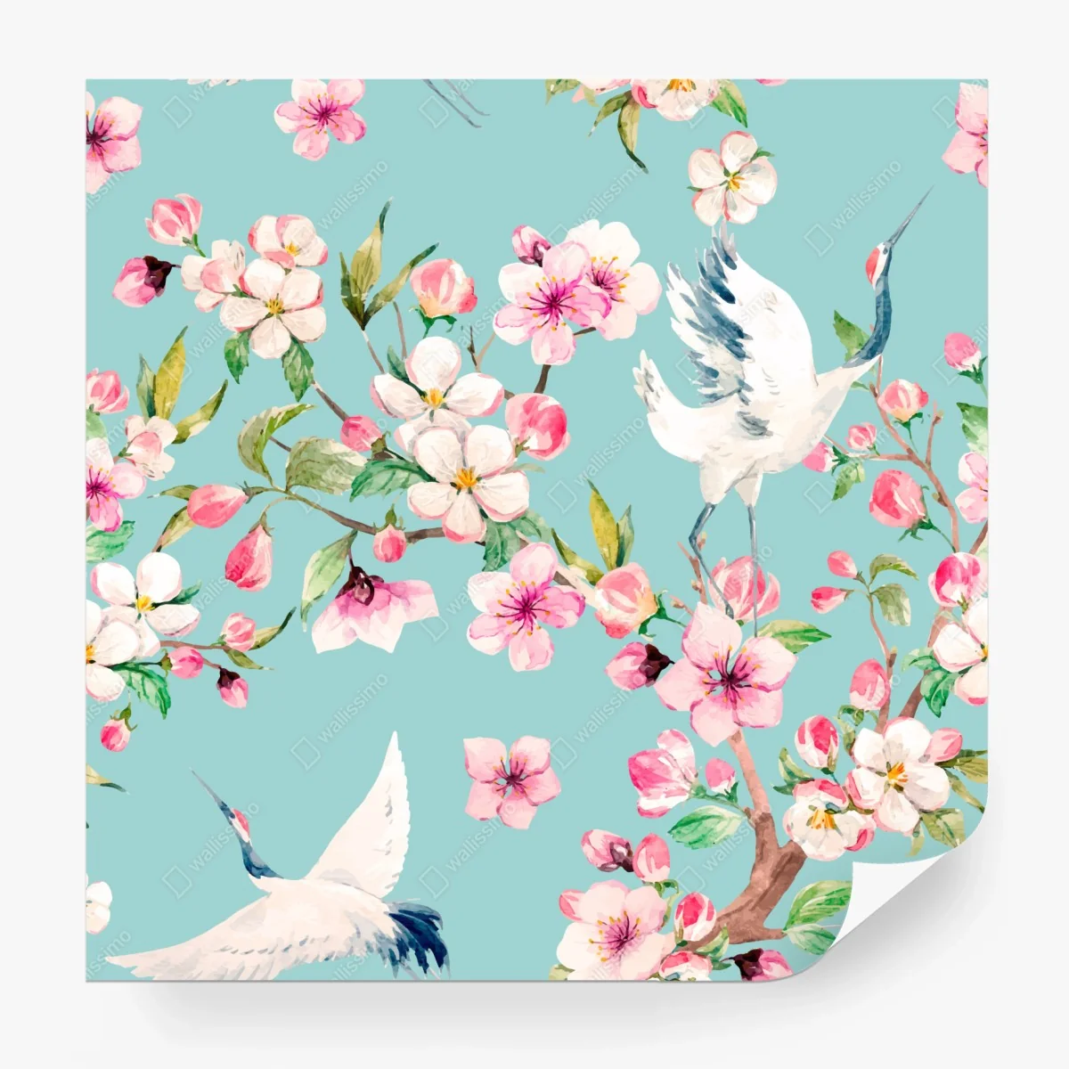 Papier peint motif floral et grues en aquarelle sur fond turquoise – Wallnifity®