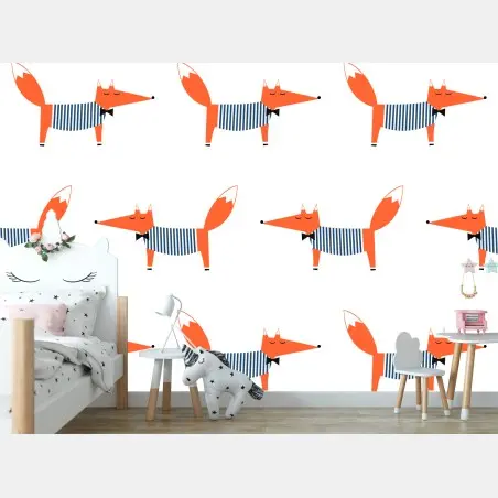 Papier peint motif renards espiègles à rayures – Wallnifity®
