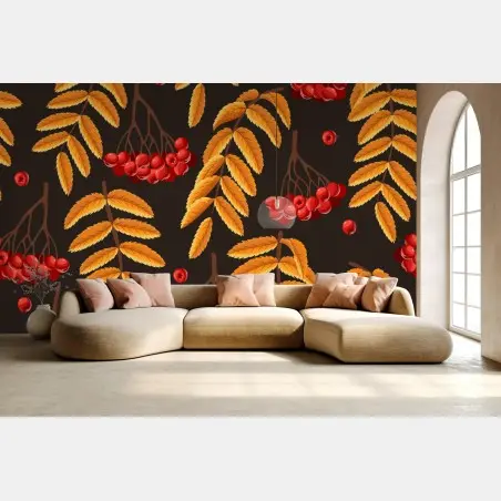 Papier peint motif automnal feuilles dorées et baies rouges – Wallnifity®