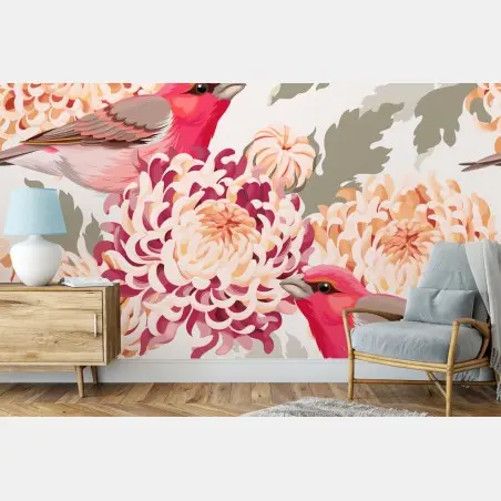 Papier peint oiseaux roses et chrysanthèmes en motif élégant – Wallnifity®