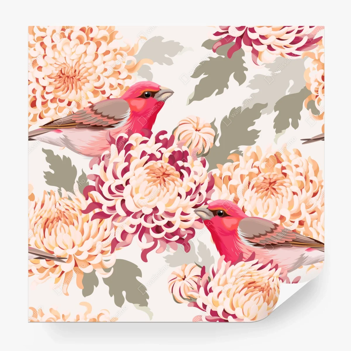 Papier peint oiseaux roses et chrysanthèmes en motif élégant – Wallnifity®