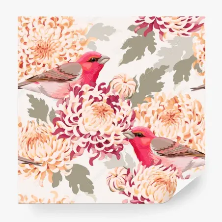 Papier peint oiseaux roses et chrysanthèmes en motif élégant – Wallnifity®