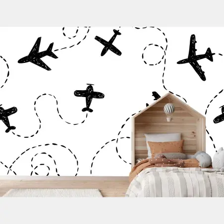 Papier peint motif d'avions en vol noir et blanc – Wallnifity®