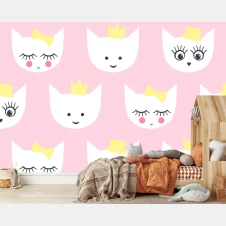 Papier peint charmant motif de chatons princesse sur fond rose – Wallnifity®
