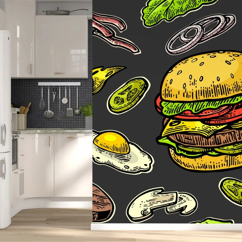 Papier peint illustration burger rétro colorée – Wallnifity® Papier peint illustration burger rétro colorée – Wallnifity®