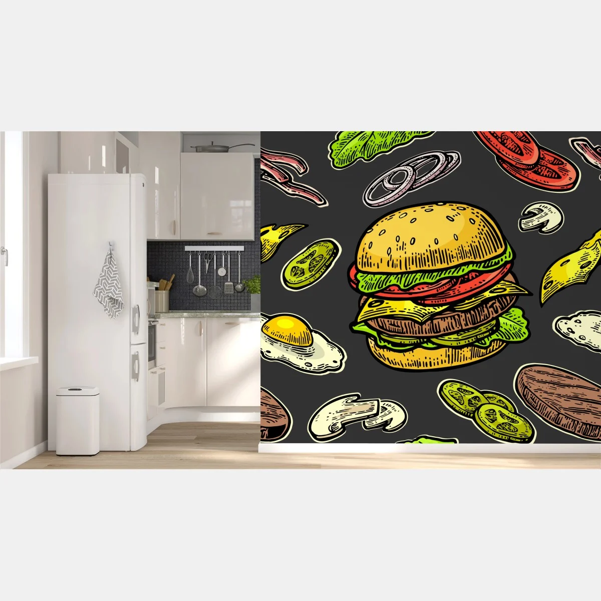 Papier peint illustration burger rétro colorée – Wallnifity® Papier peint illustration burger rétro colorée – Wallnifity®