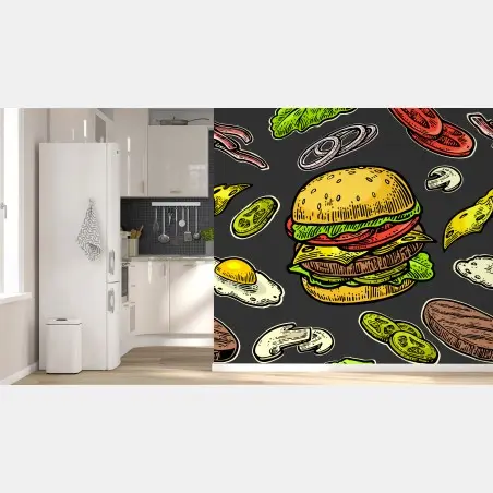 Papier peint illustration burger rétro colorée – Wallnifity®