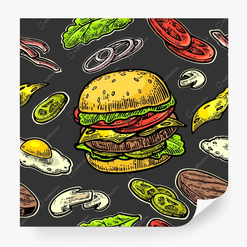 Papier peint illustration burger rétro colorée – Wallnifity® Papier peint illustration burger rétro colorée – Wallnifity®