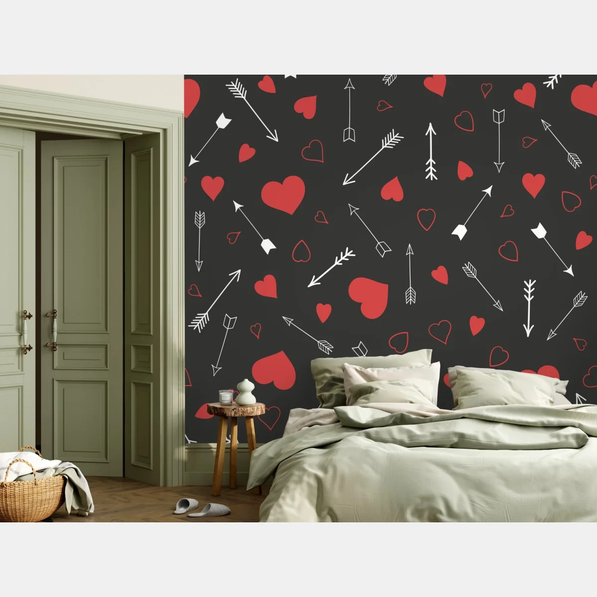 Papier peint motif de cœurs rouges et flèches blanches sur fond sombre – Wallnifity® Papier peint motif de cœurs rouges et flèches blanches sur fond sombre – Wallnifity®