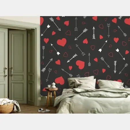 Papier peint motif de cœurs rouges et flèches blanches sur fond sombre – Wallnifity®