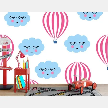 Papier peint motif nuages endormis et montgolfières roses – Wallnifity®