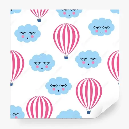 Papier peint motif nuages endormis et montgolfières roses – Wallnifity®