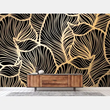 Papier peint motif feuilles dorées sur fond noir – Wallnifity®