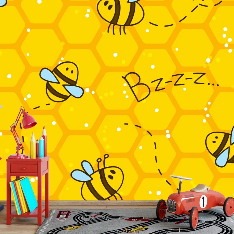 Papier peint motif d'abeilles et alvéoles jaune vif – Wallnifity® Papier peint motif d'abeilles et alvéoles jaune vif – Wallnifity®