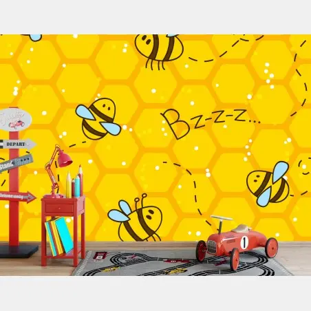 Papier peint motif d'abeilles et alvéoles jaune vif – Wallnifity®