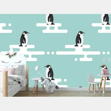 Papier peint manchots sur plaques de glace motif ludique – Wallnifity®
