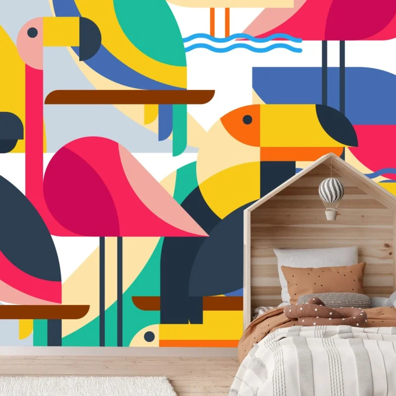 Papier peint oiseaux tropicaux géométriques colorés – Wallnifity®